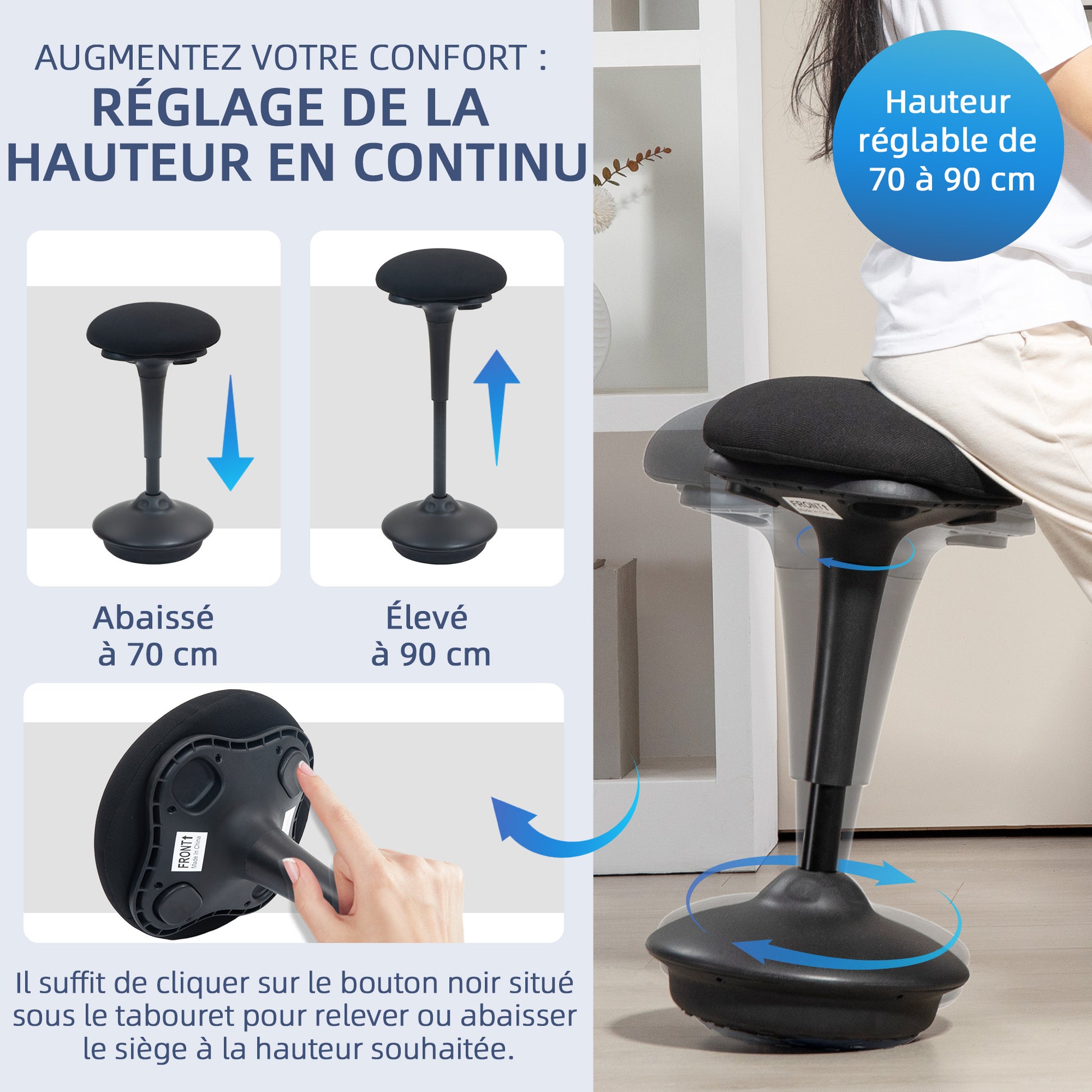 Standing Desk Stool, Ergonomic Stool, Height Adjustable 70-90 cm, 360° Swivel Seat, Wide Base, with Non-Slip Pads, Padded Cushion, Black