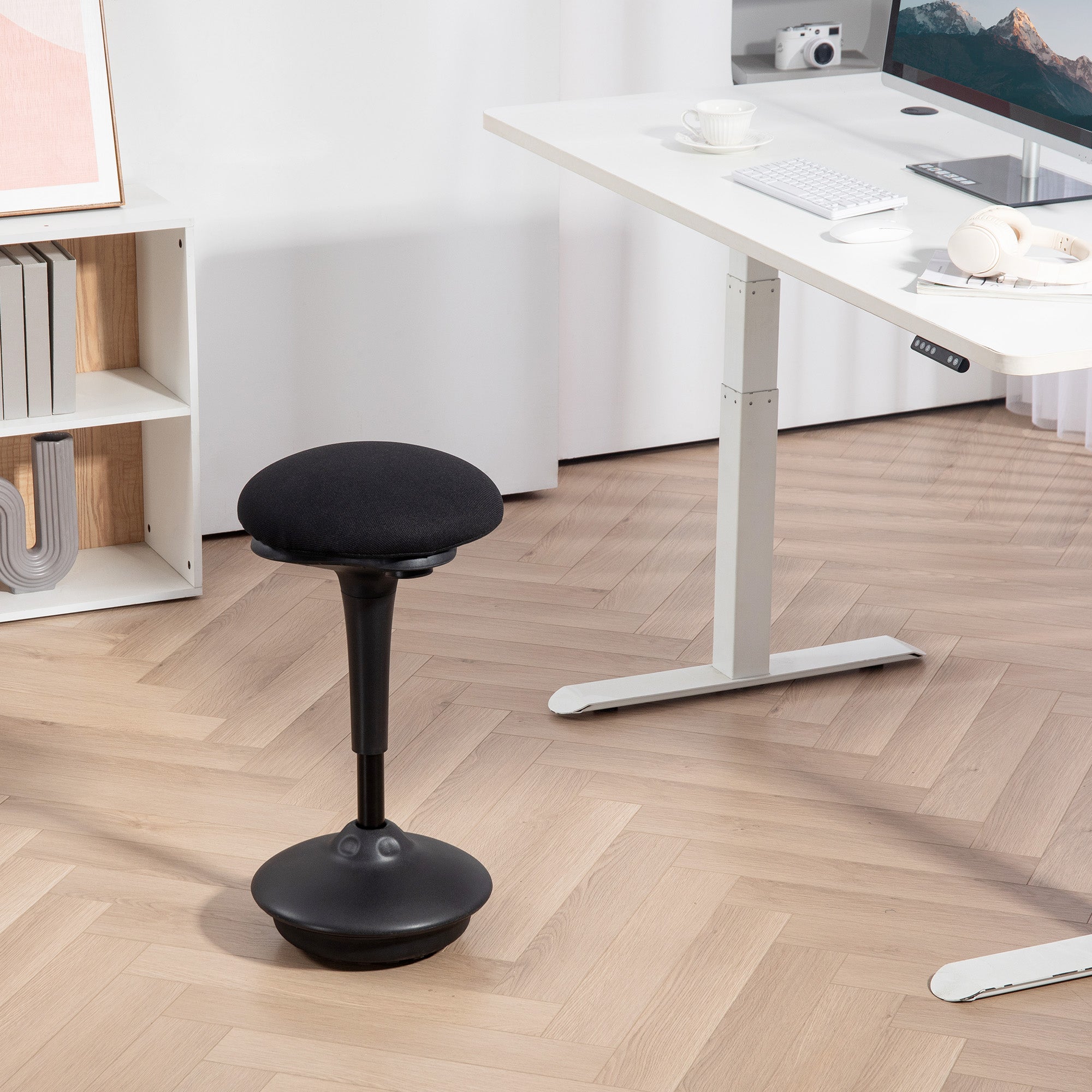 Standing Desk Stool, Ergonomic Stool, Height Adjustable 70-90 cm, 360° Swivel Seat, Wide Base, with Non-Slip Pads, Padded Cushion, Black