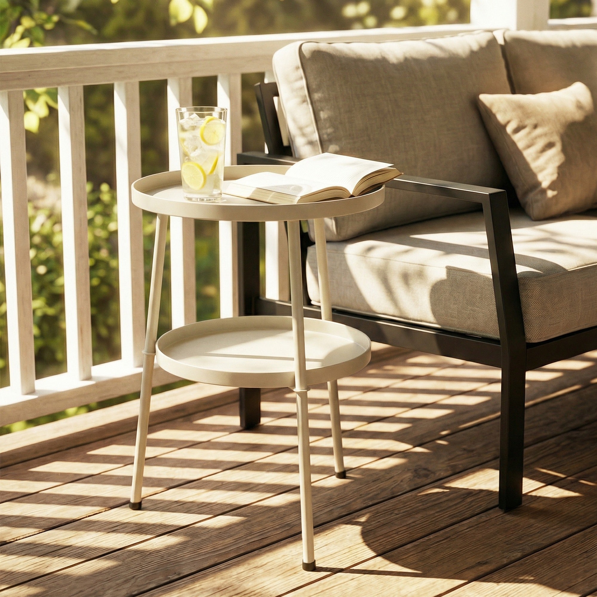 Round Patio Side Table Ø36 cm (14.2 in) – Metal Balcony & Camping Table, Cream White