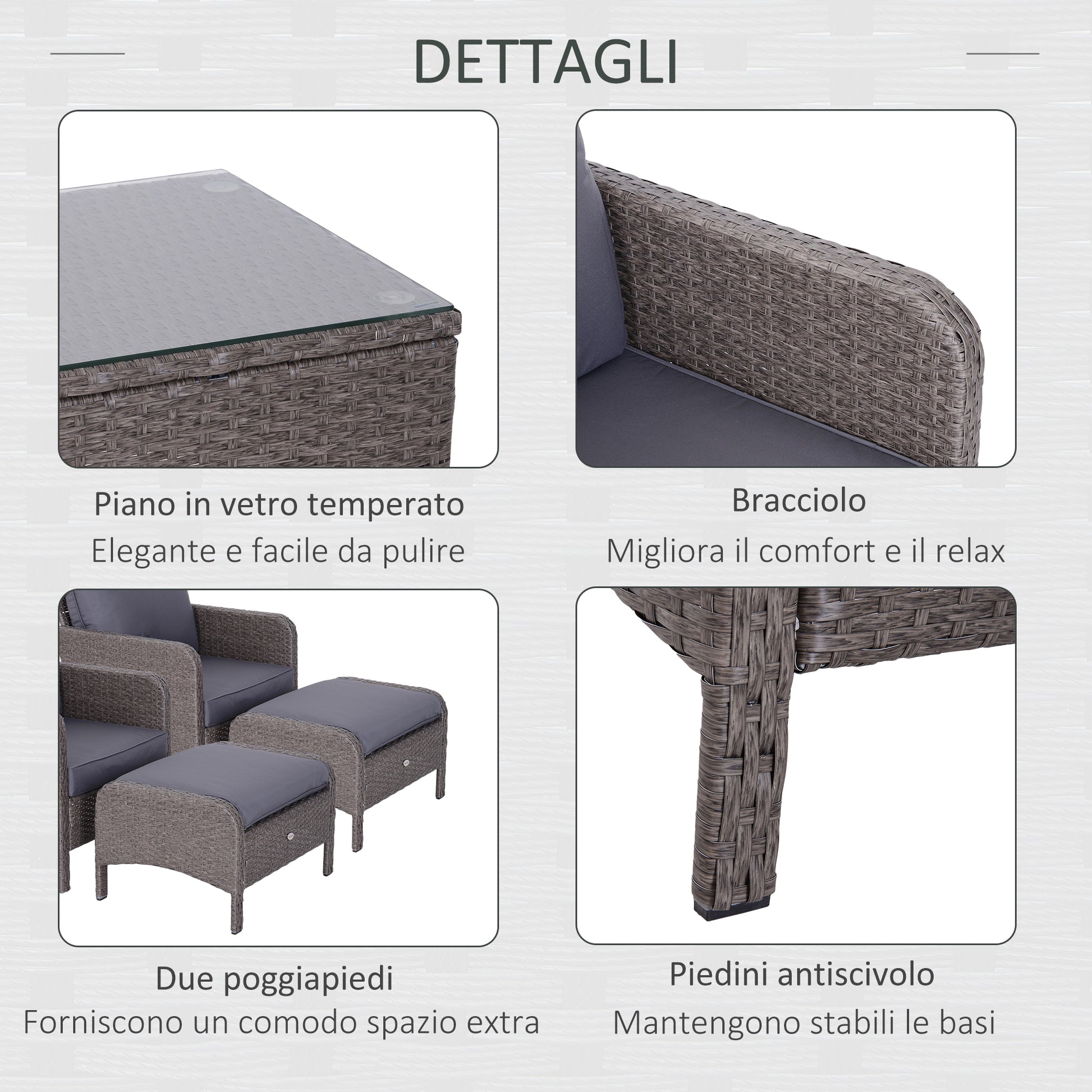 Garden Furniture Set 2 Chairs 2 Footstools 1 Tempered Glass Coffee Table Gray Rattan