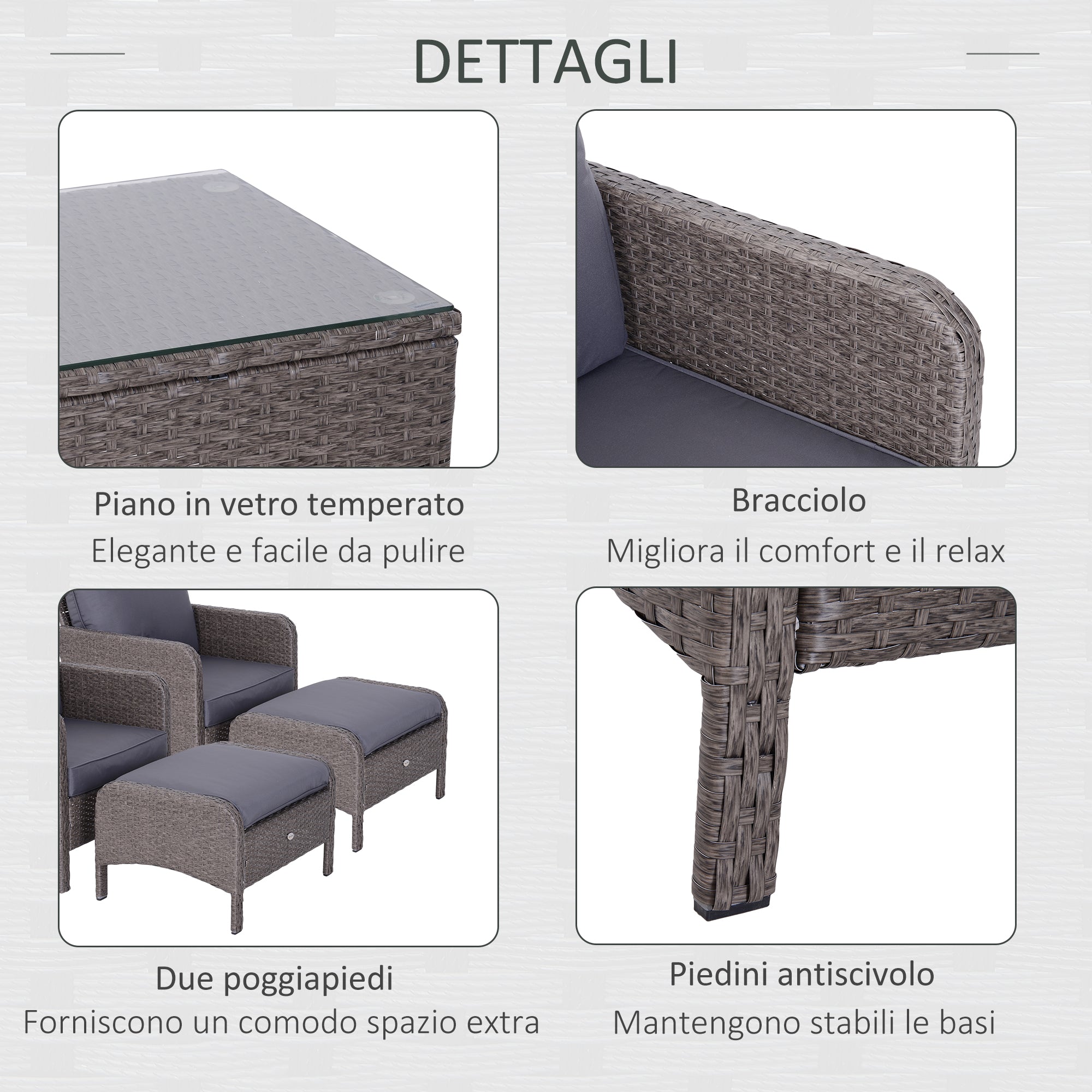 Garden Furniture Set 2 Chairs 2 Footstools 1 Tempered Glass Coffee Table Gray Rattan