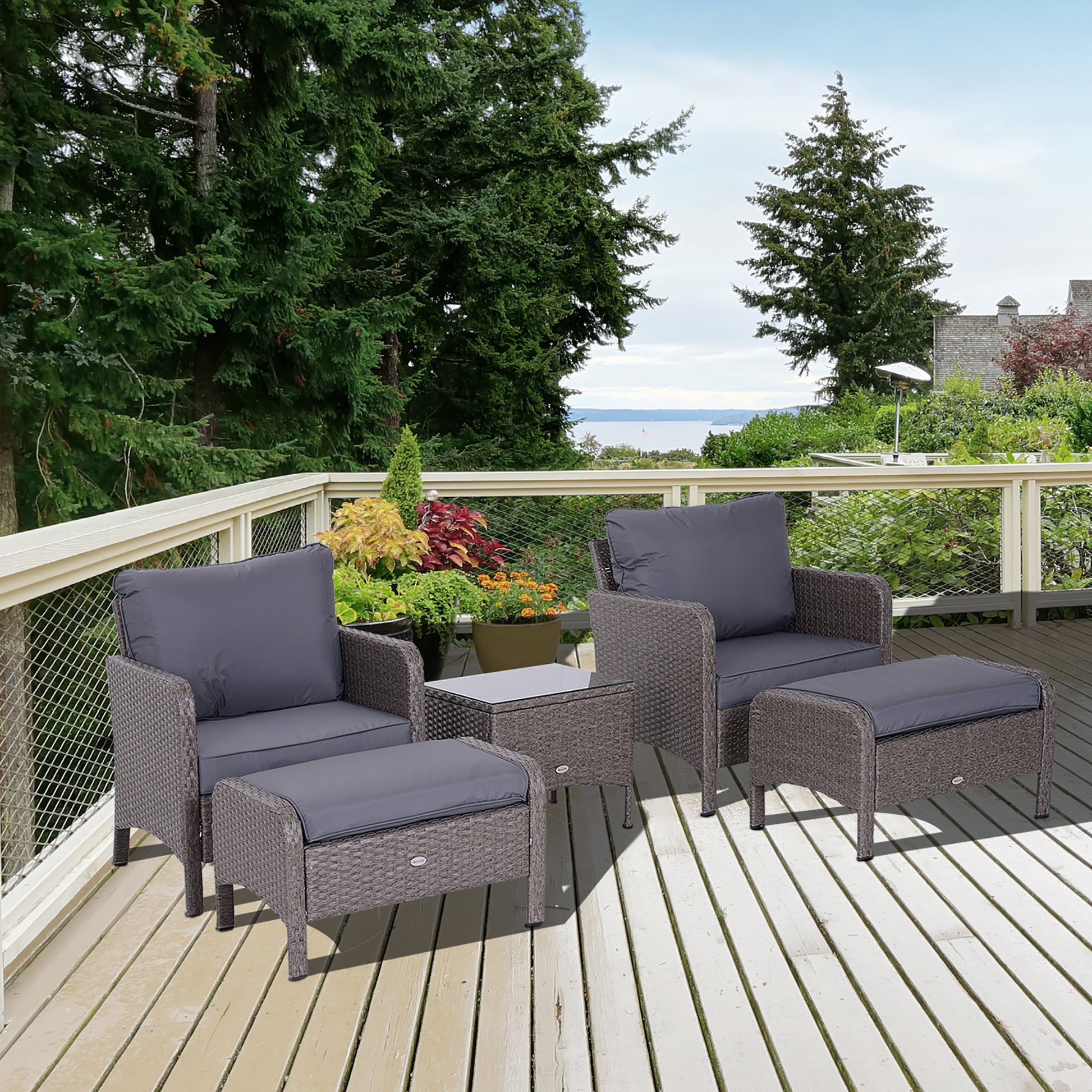 Garden Furniture Set 2 Chairs 2 Footstools 1 Tempered Glass Coffee Table Gray Rattan