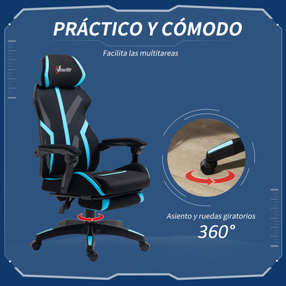 Gaming Chair with Retractable Footrest Reclining Swivel Office Chair with Headrest and Height Adjustable 65x65x119-129 cm Black and Blue
