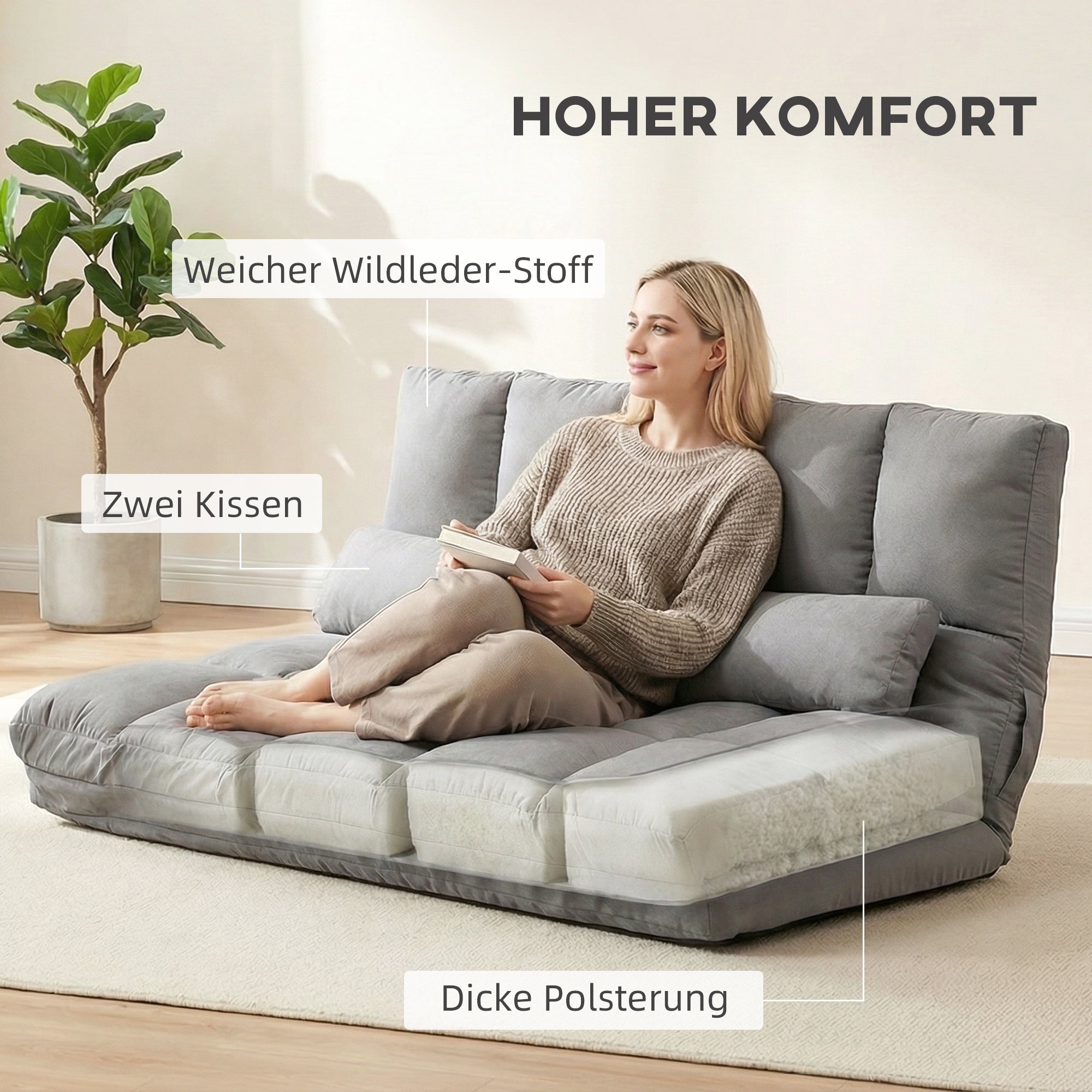 2-in-1 Floor Sofa Bed with 3-Position Backrest & 5-Position Headrest, Foldable Sleeper Chair, Light Gray (130 x 73 x 60 cm / 51.2 x 28.7 x 23.6 in)
