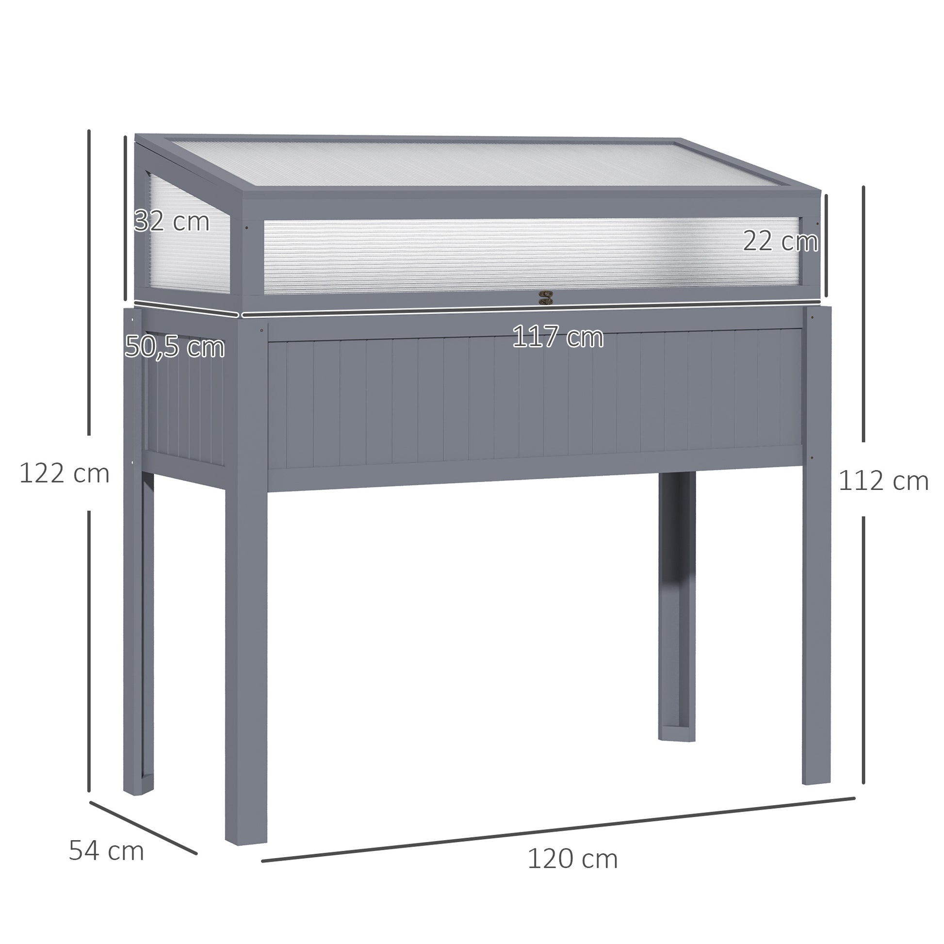 Raised Garden Bed Wood with Cold Frame 2-in-1 Greenhouse Tomato House Vegetable Bed Herbal Bed Planter for Garden Balcony and Terrace Polycarbonate Gray 120 x 54 x 112/122 cm