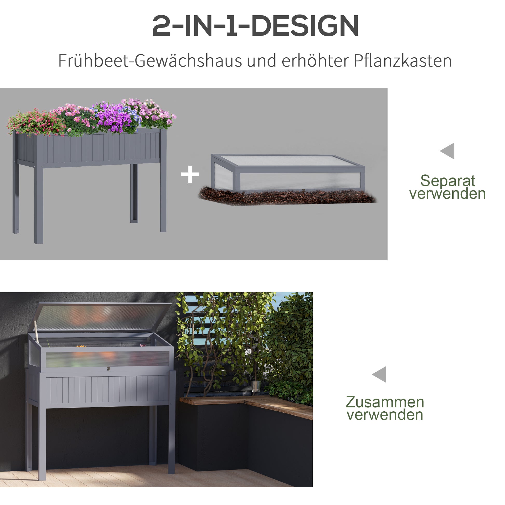 Raised Garden Bed Wood with Cold Frame 2-in-1 Greenhouse Tomato House Vegetable Bed Herbal Bed Planter for Garden Balcony and Terrace Polycarbonate Gray 120 x 54 x 112/122 cm