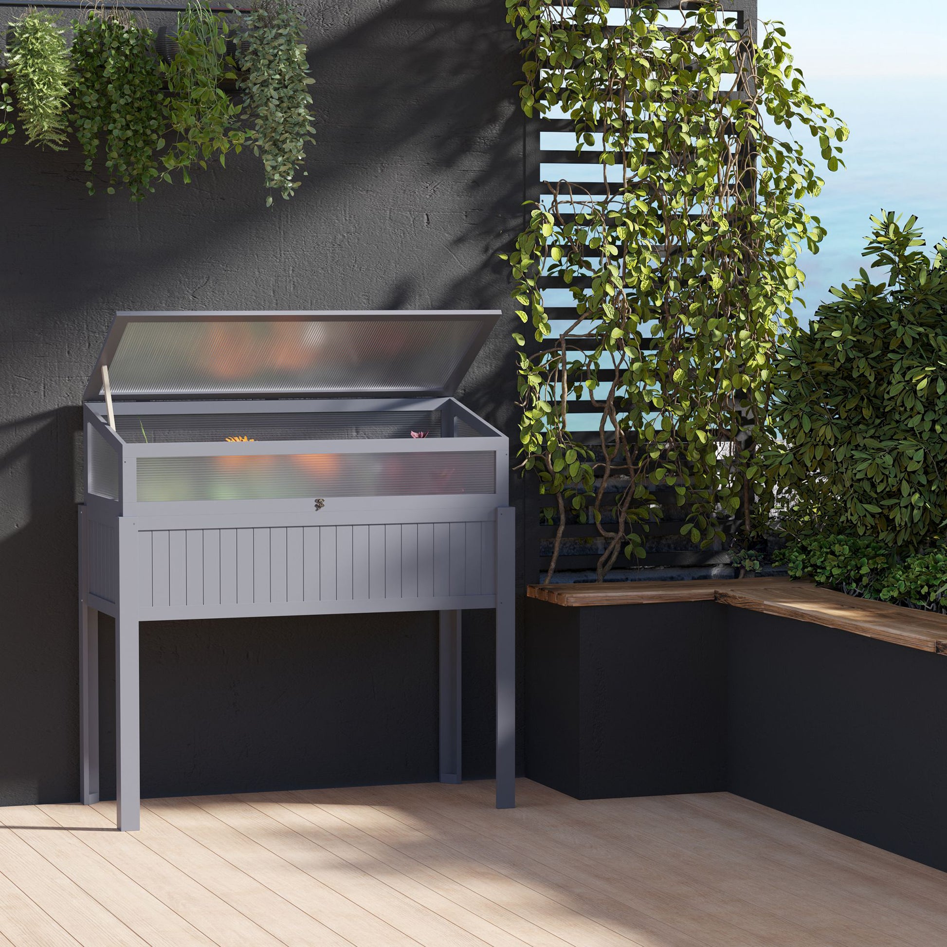 Raised Garden Bed Wood with Cold Frame 2-in-1 Greenhouse Tomato House Vegetable Bed Herbal Bed Planter for Garden Balcony and Terrace Polycarbonate Gray 120 x 54 x 112/122 cm