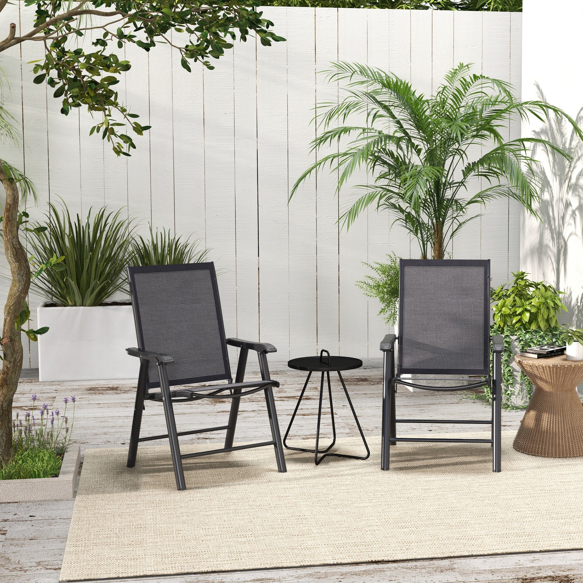 Set of 2 Folding Camping Chairs Padded Outdoor Garden Folding Chairs in Mesh with Steel Frame and Armrests Load 110 kg for Terrace Beach 58x64x94 cm Dark Gray