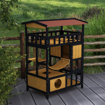 Wooden Cat House Kitty Condo with Platforms, Suspension Bridge, Cat Cottage for up to 2 Cats, Indoor and Outdoor, Yellow