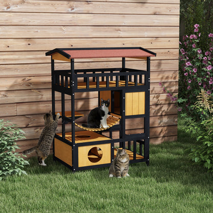 Wooden Cat House Kitty Condo with Platforms, Suspension Bridge, Cat Cottage for up to 2 Cats, Indoor and Outdoor, Yellow