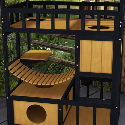 Wooden Cat House Kitty Condo with Platforms, Suspension Bridge, Cat Cottage for up to 2 Cats, Indoor and Outdoor, Yellow