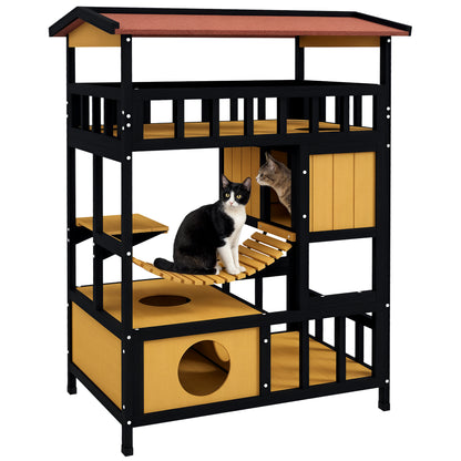 Wooden Cat House Kitty Condo with Platforms, Suspension Bridge, Cat Cottage for up to 2 Cats, Indoor and Outdoor, Yellow