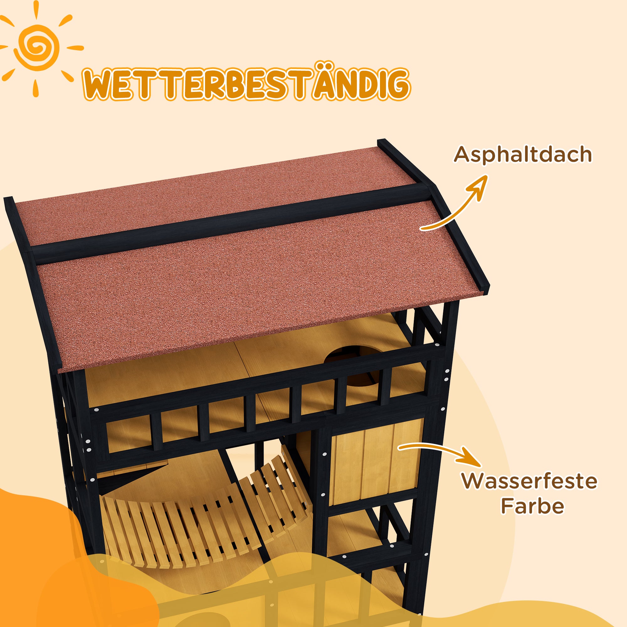 Wooden Cat House Kitty Condo with Platforms, Suspension Bridge, Cat Cottage for up to 2 Cats, Indoor and Outdoor, Yellow