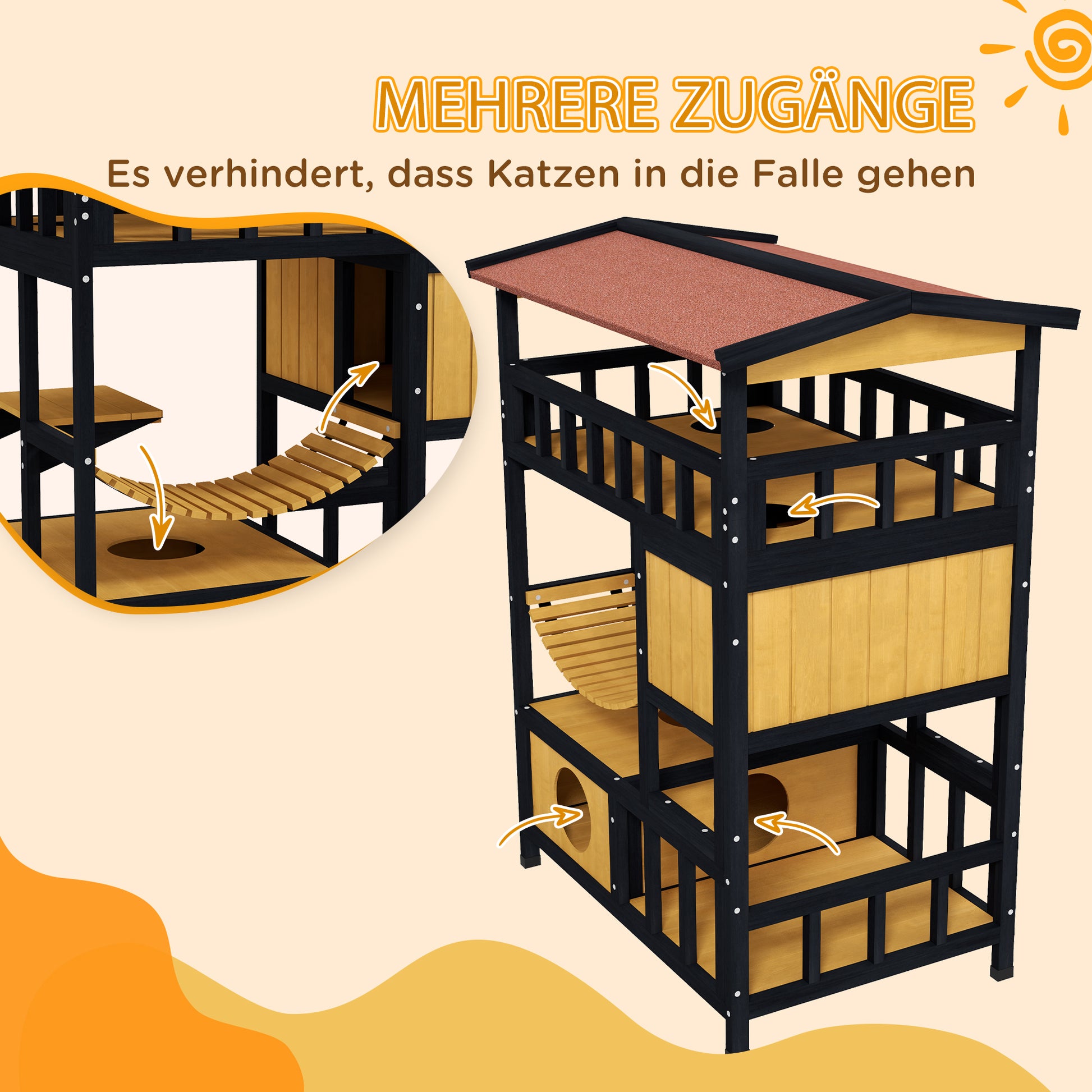 Wooden Cat House Kitty Condo with Platforms, Suspension Bridge, Cat Cottage for up to 2 Cats, Indoor and Outdoor, Yellow