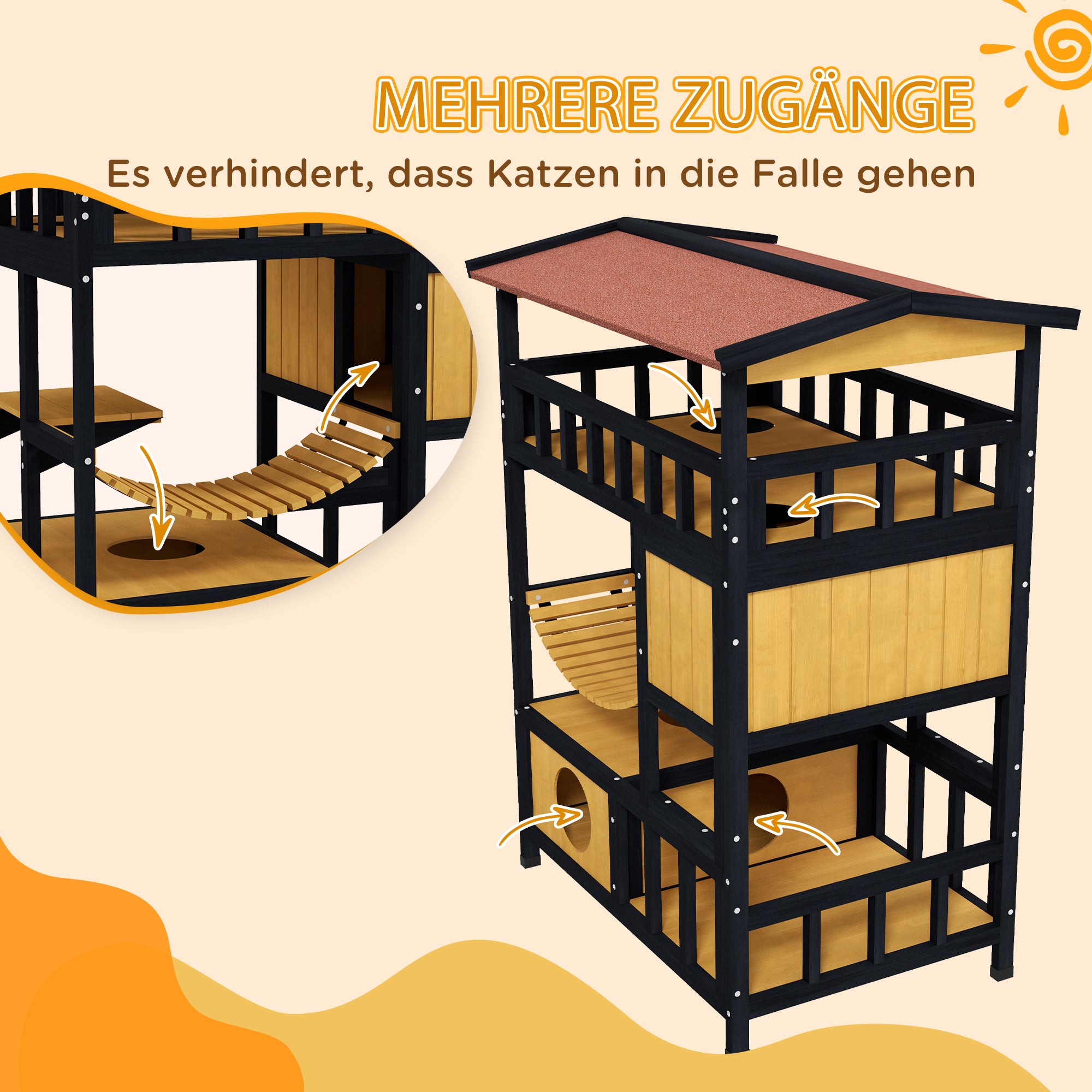 Wooden Cat House Kitty Condo with Platforms, Suspension Bridge, Cat Cottage for up to 2 Cats, Indoor and Outdoor, Yellow
