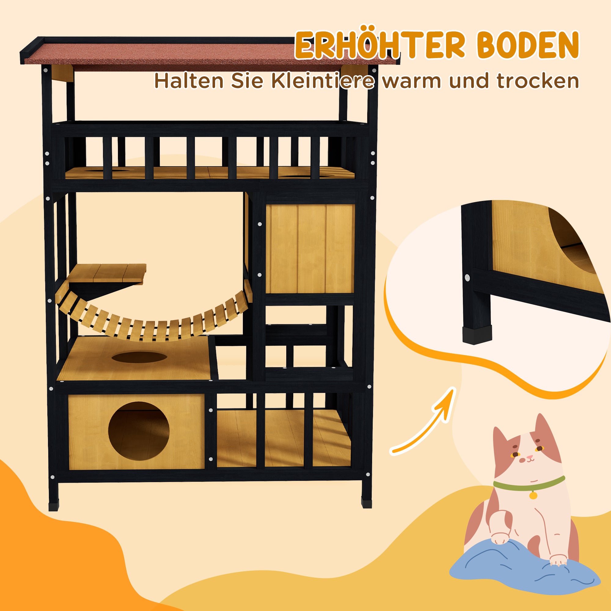 Wooden Cat House Kitty Condo with Platforms, Suspension Bridge, Cat Cottage for up to 2 Cats, Indoor and Outdoor, Yellow