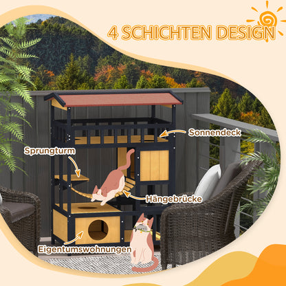 Wooden Cat House Kitty Condo with Platforms, Suspension Bridge, Cat Cottage for up to 2 Cats, Indoor and Outdoor, Yellow