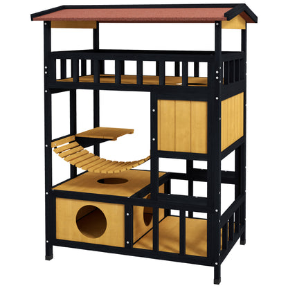 Wooden Cat House Kitty Condo with Platforms, Suspension Bridge, Cat Cottage for up to 2 Cats, Indoor and Outdoor, Yellow