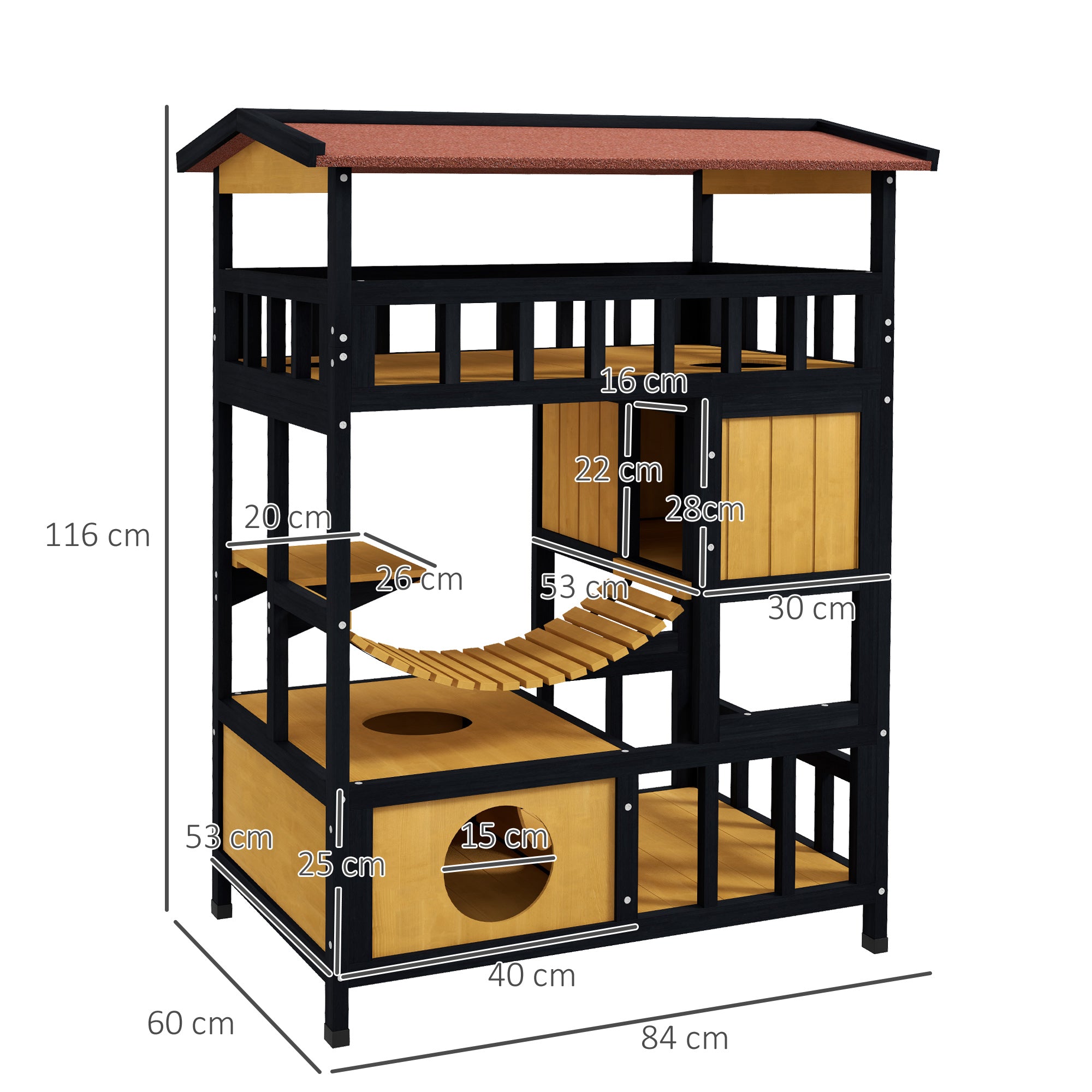 Wooden Cat House Kitty Condo with Platforms, Suspension Bridge, Cat Cottage for up to 2 Cats, Indoor and Outdoor, Yellow