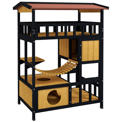 Wooden Cat House Kitty Condo with Platforms, Suspension Bridge, Cat Cottage for up to 2 Cats, Indoor and Outdoor, Yellow