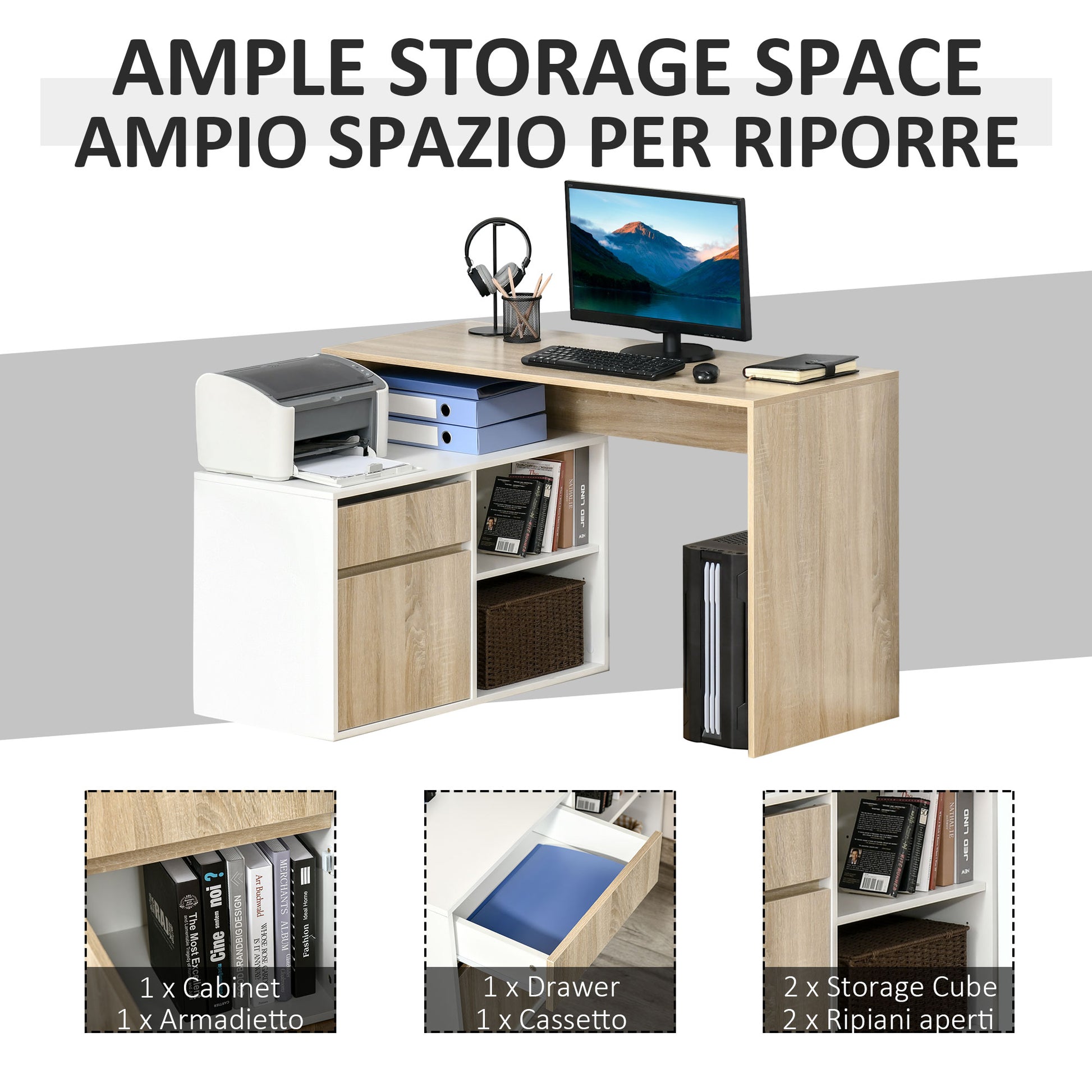 Corner Desk, L-Shaped Computer Desk for Bedroom or Office, Space-Saving Wooden Desk, Oak and White