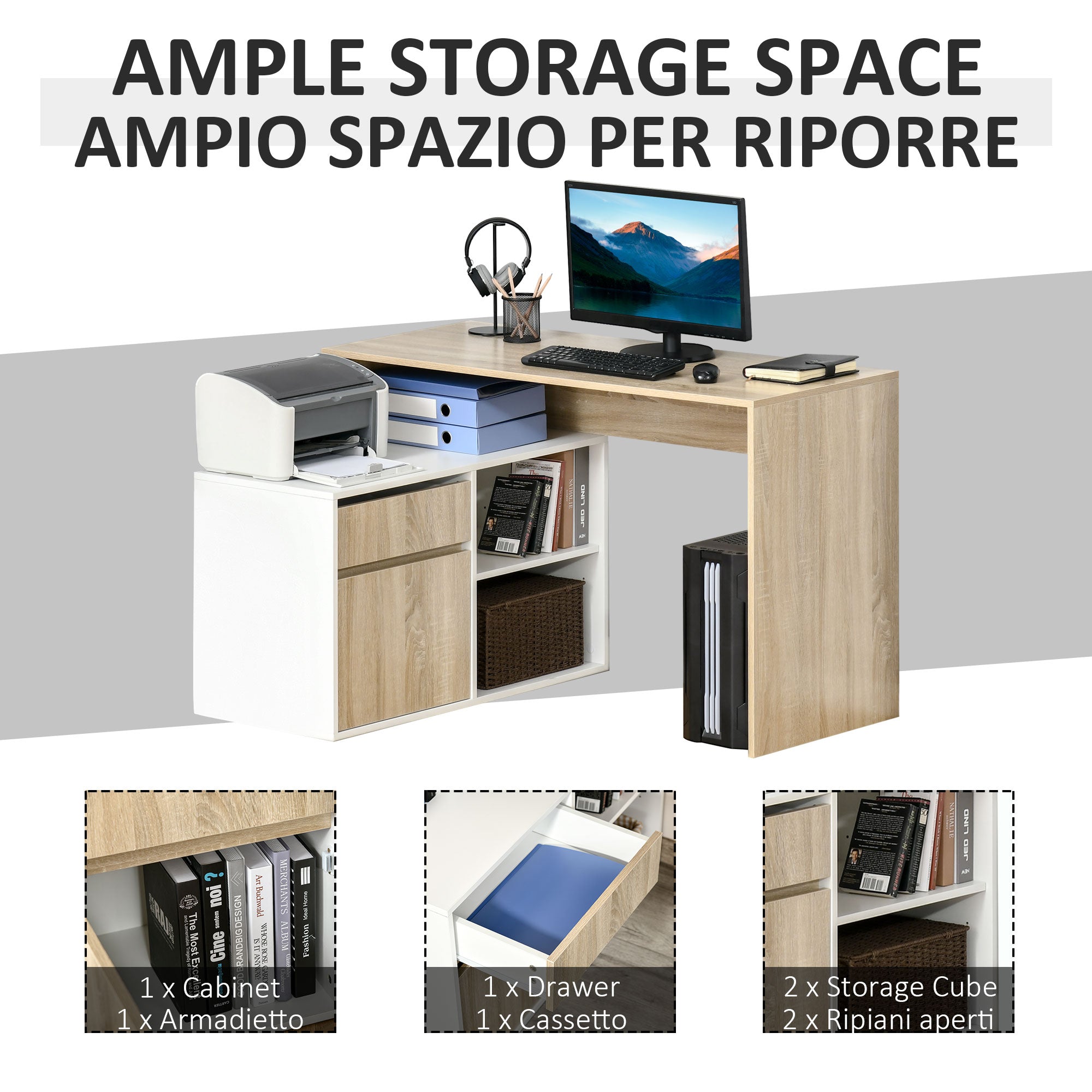 Corner Desk, L-Shaped Computer Desk for Bedroom or Office, Space-Saving Wooden Desk, Oak and White