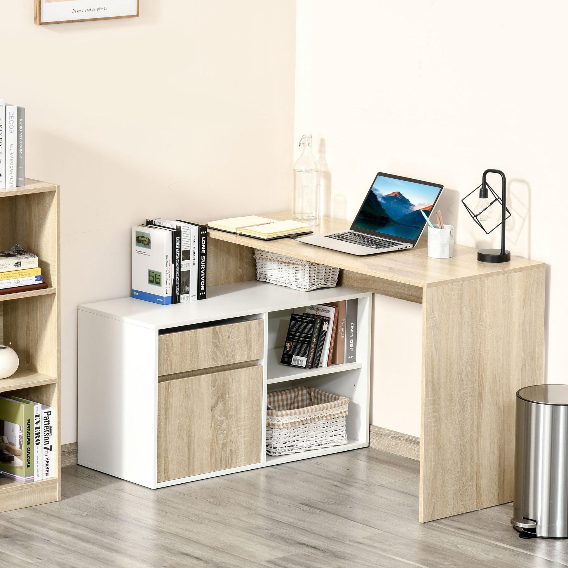 Corner Desk, L-Shaped Computer Desk for Bedroom or Office, Space-Saving Wooden Desk, Oak and White
