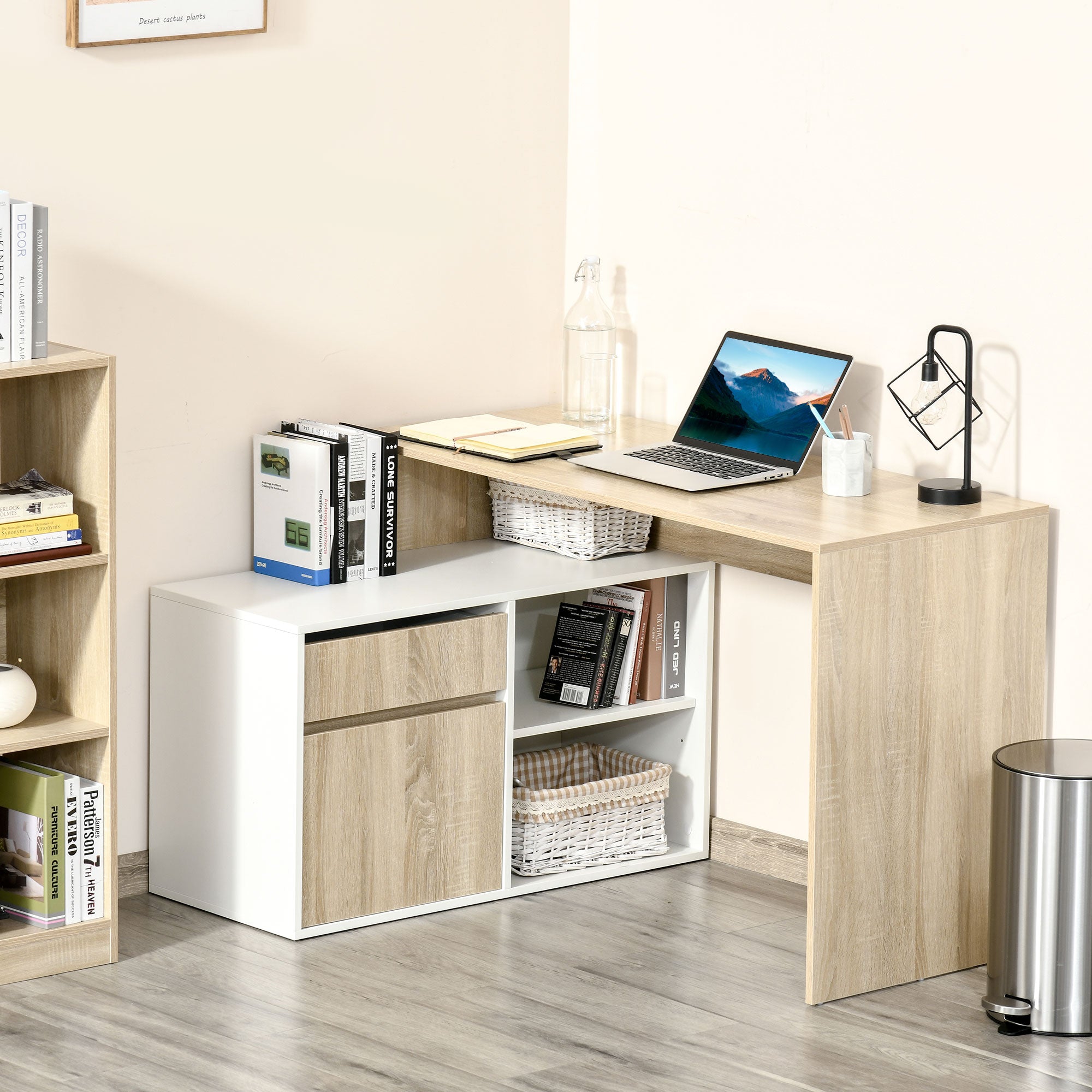 Corner Desk, L-Shaped Computer Desk for Bedroom or Office, Space-Saving Wooden Desk, Oak and White