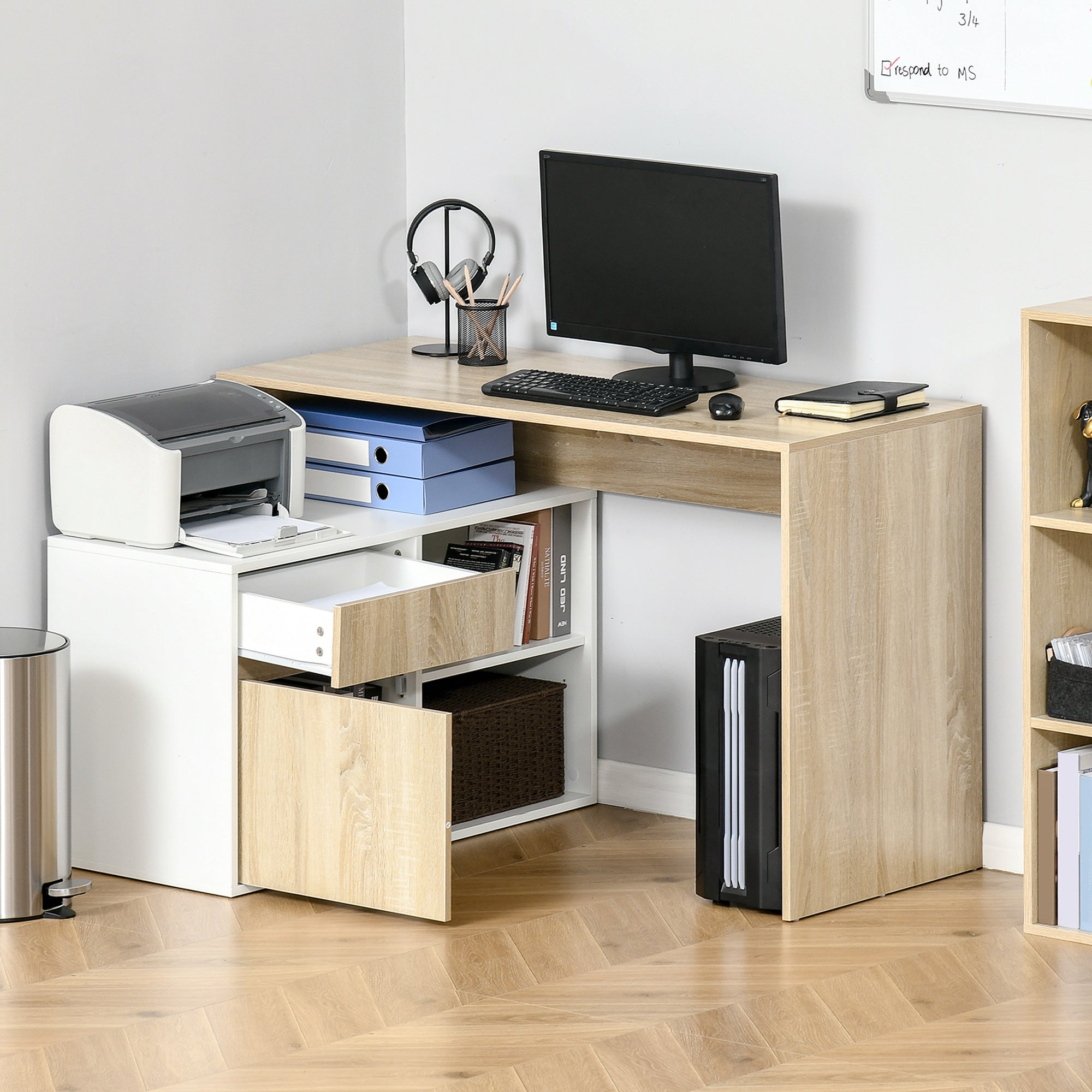 Corner Desk, L-Shaped Computer Desk for Bedroom or Office, Space-Saving Wooden Desk, Oak and White