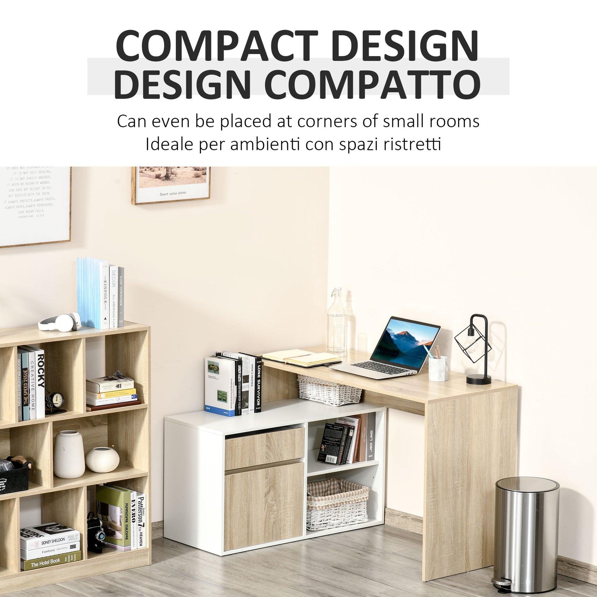 Corner Desk, L-Shaped Computer Desk for Bedroom or Office, Space-Saving Wooden Desk, Oak and White