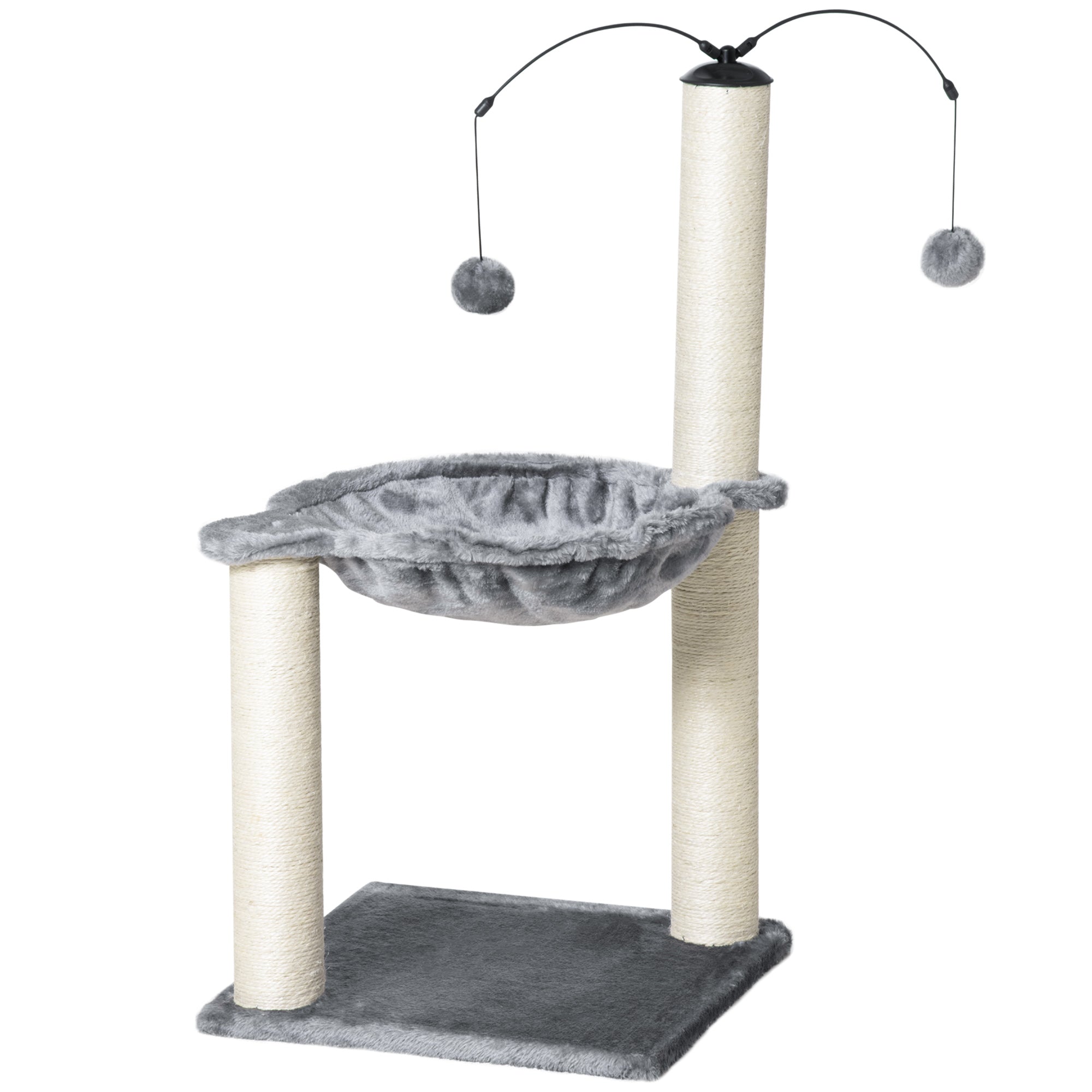 Cat Tree 2 scratching posts natural sisal hammock game 2 hanging balls short plush high density 400 g/m² gray