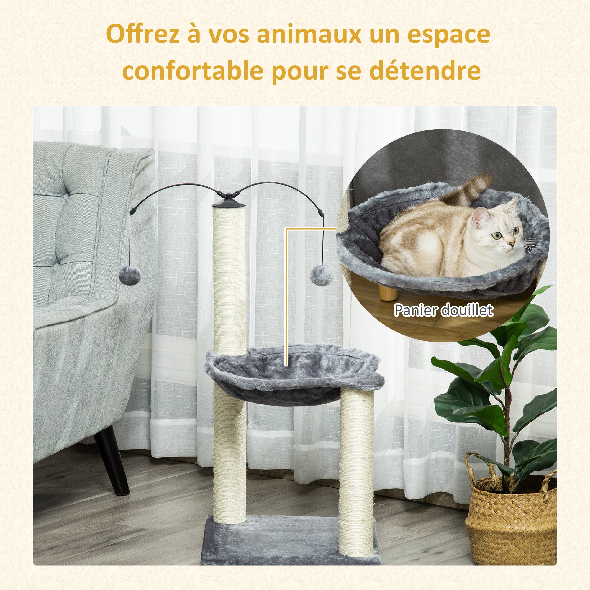 Cat Tree 2 scratching posts natural sisal hammock game 2 hanging balls short plush high density 400 g/m² gray