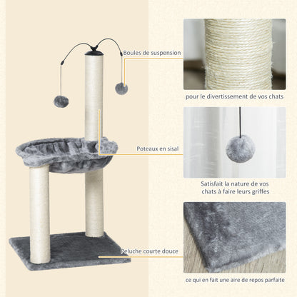 Cat Tree 2 scratching posts natural sisal hammock game 2 hanging balls short plush high density 400 g/m² gray
