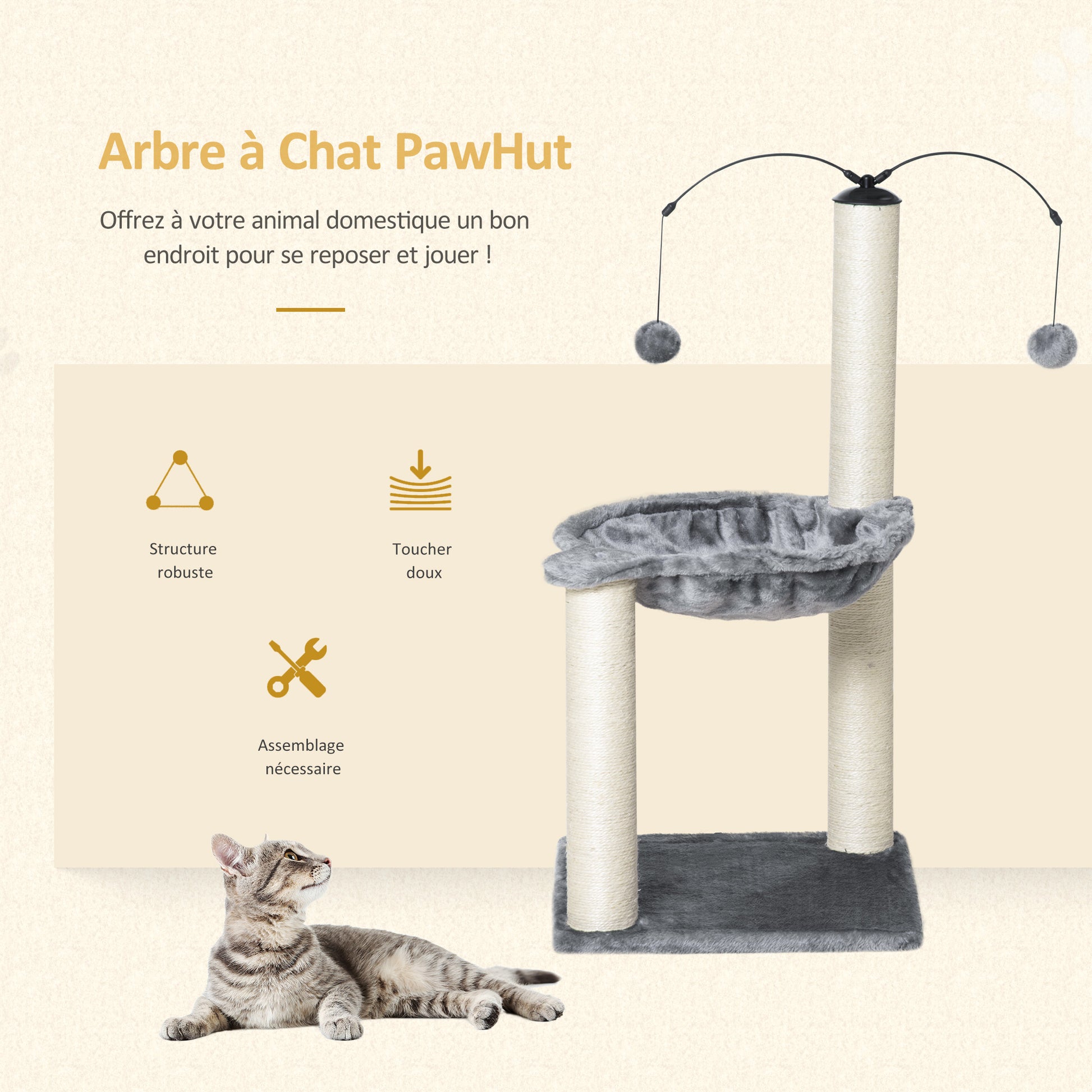 Cat Tree 2 scratching posts natural sisal hammock game 2 hanging balls short plush high density 400 g/m² gray