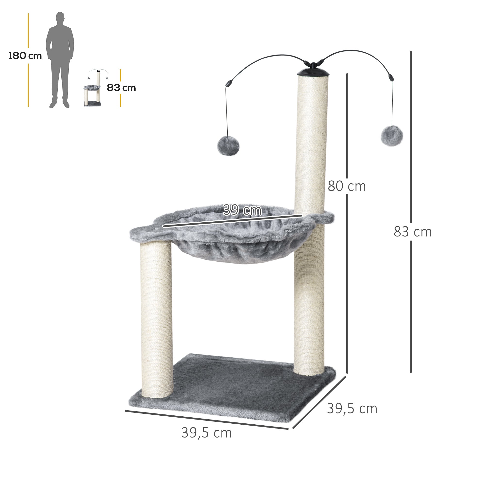 Cat Tree 2 scratching posts natural sisal hammock game 2 hanging balls short plush high density 400 g/m² gray