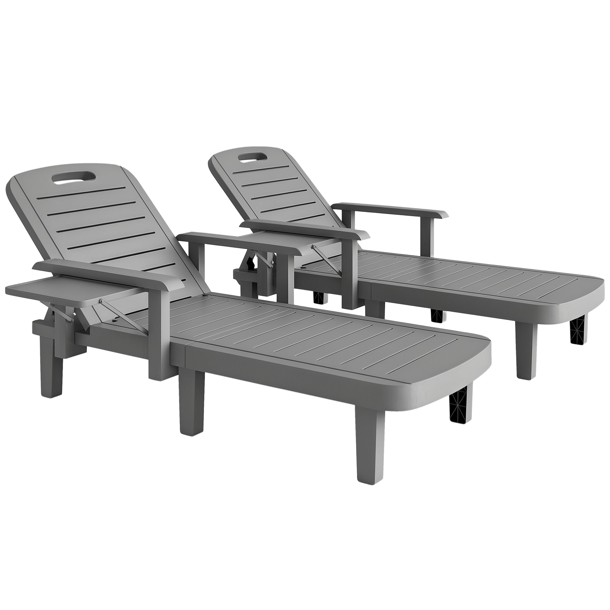 2-Piece Sun Lounger Set with Side Table, Wood-Effect Outdoor Recliners, 5-Position Adjustable Backrest, Weatherproof, Up to 265 lb Capacity, Dark Gray