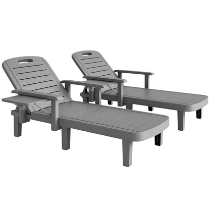 2-Piece Sun Lounger Set with Side Table, Wood-Effect Outdoor Recliners, 5-Position Adjustable Backrest, Weatherproof, Up to 265 lb Capacity, Dark Gray