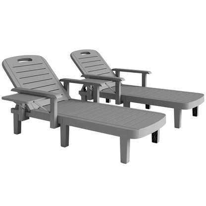 2-Piece Sun Lounger Set with Side Table, Wood-Effect Outdoor Recliners, 5-Position Adjustable Backrest, Weatherproof, Up to 265 lb Capacity, Dark Gray