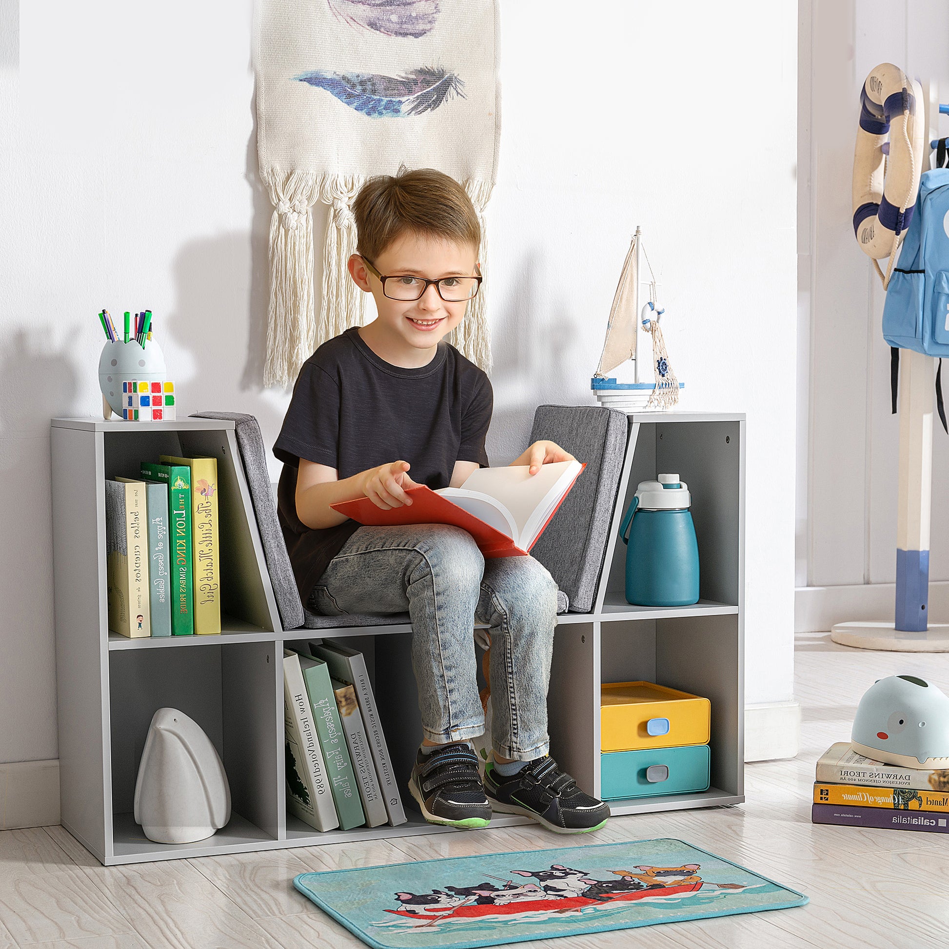 Children's Shelf Bookshelf with Ottoman Kids Bench with 6 Compartments Seat Chest with 3 Cushions Toy Box from 3 Years Gray 103 x 30 x 62 cm
