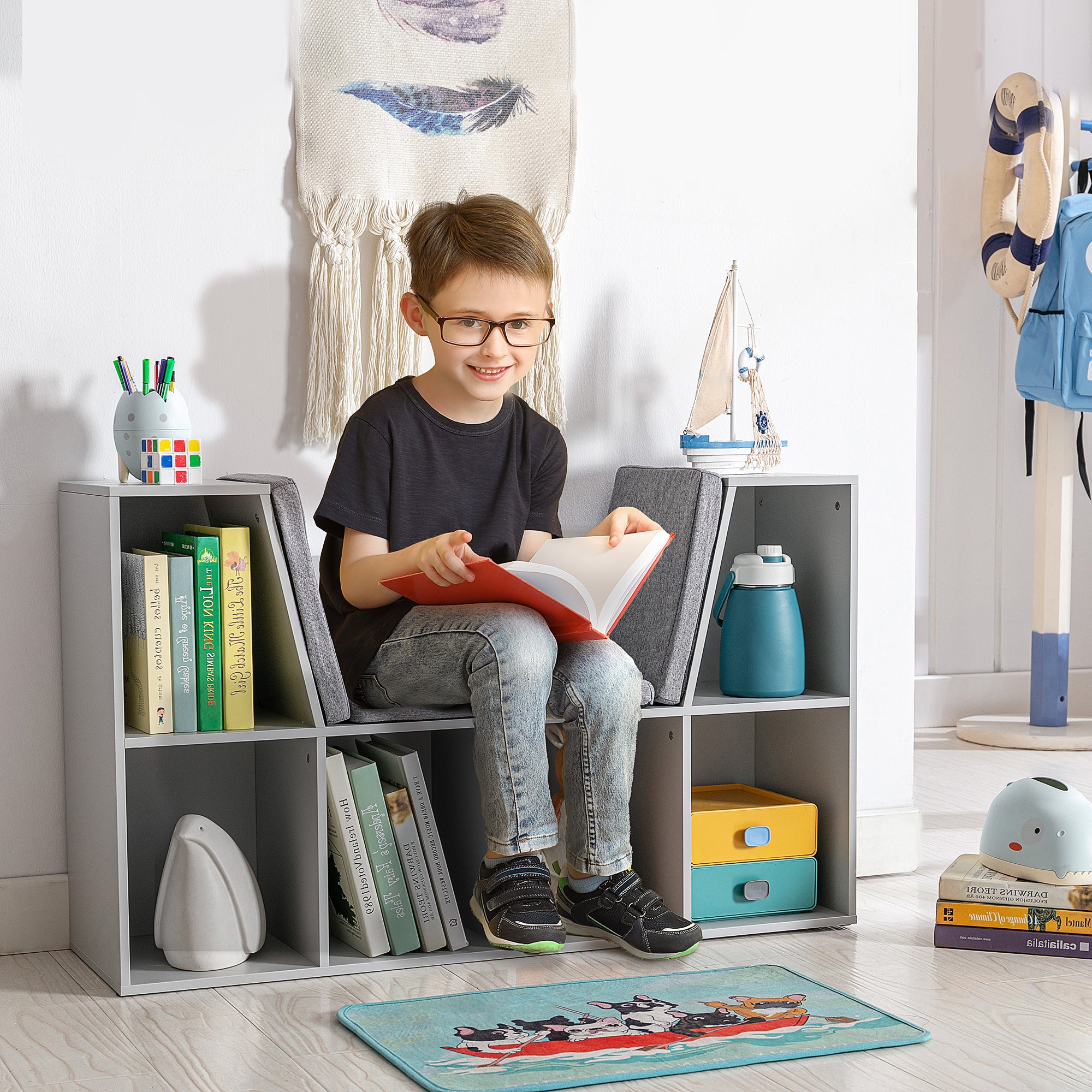 Children's Shelf Bookshelf with Ottoman Kids Bench with 6 Compartments Seat Chest with 3 Cushions Toy Box from 3 Years Gray 103 x 30 x 62 cm