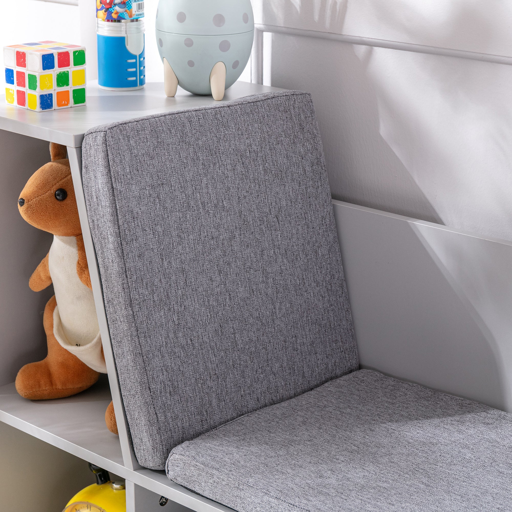 Children's Shelf Bookshelf with Ottoman Kids Bench with 6 Compartments Seat Chest with 3 Cushions Toy Box from 3 Years Gray 103 x 30 x 62 cm