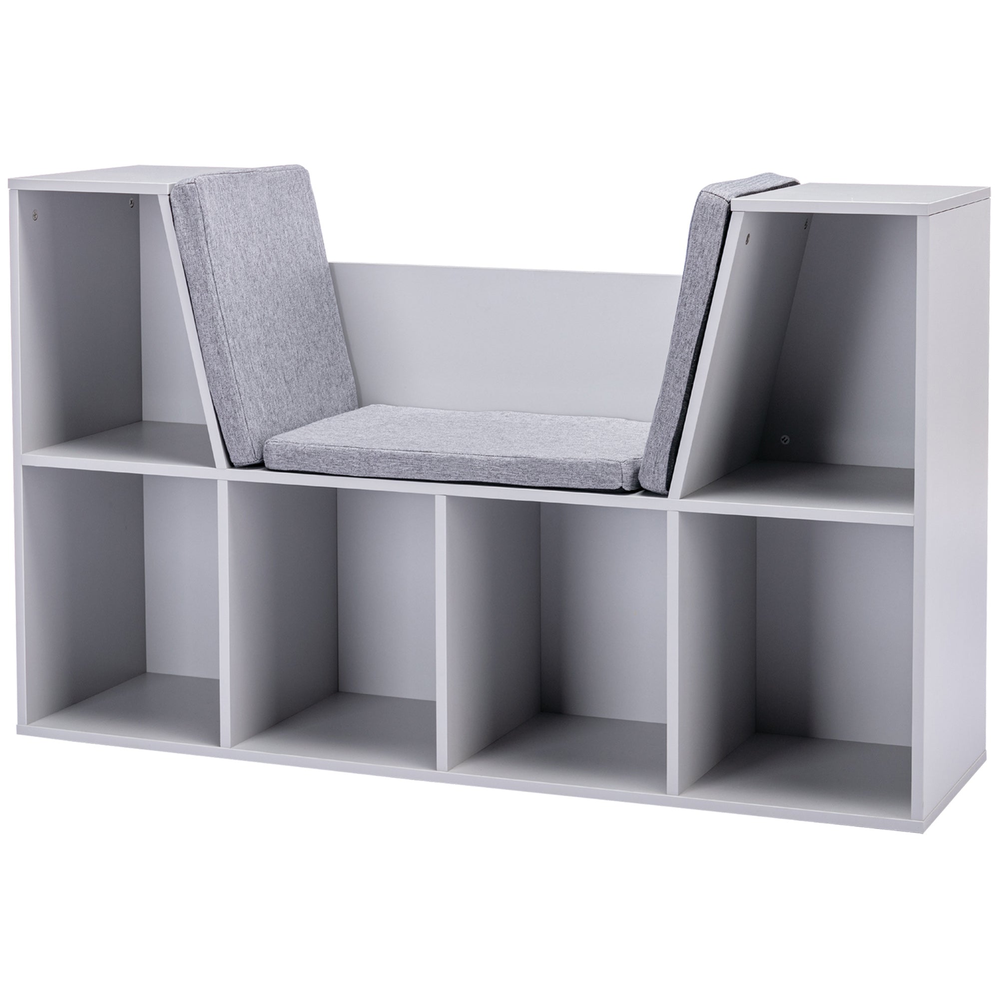 Children's Shelf Bookshelf with Ottoman Kids Bench with 6 Compartments Seat Chest with 3 Cushions Toy Box from 3 Years Gray 103 x 30 x 62 cm