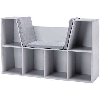 Children's Shelf Bookshelf with Ottoman Kids Bench with 6 Compartments Seat Chest with 3 Cushions Toy Box from 3 Years Gray 103 x 30 x 62 cm