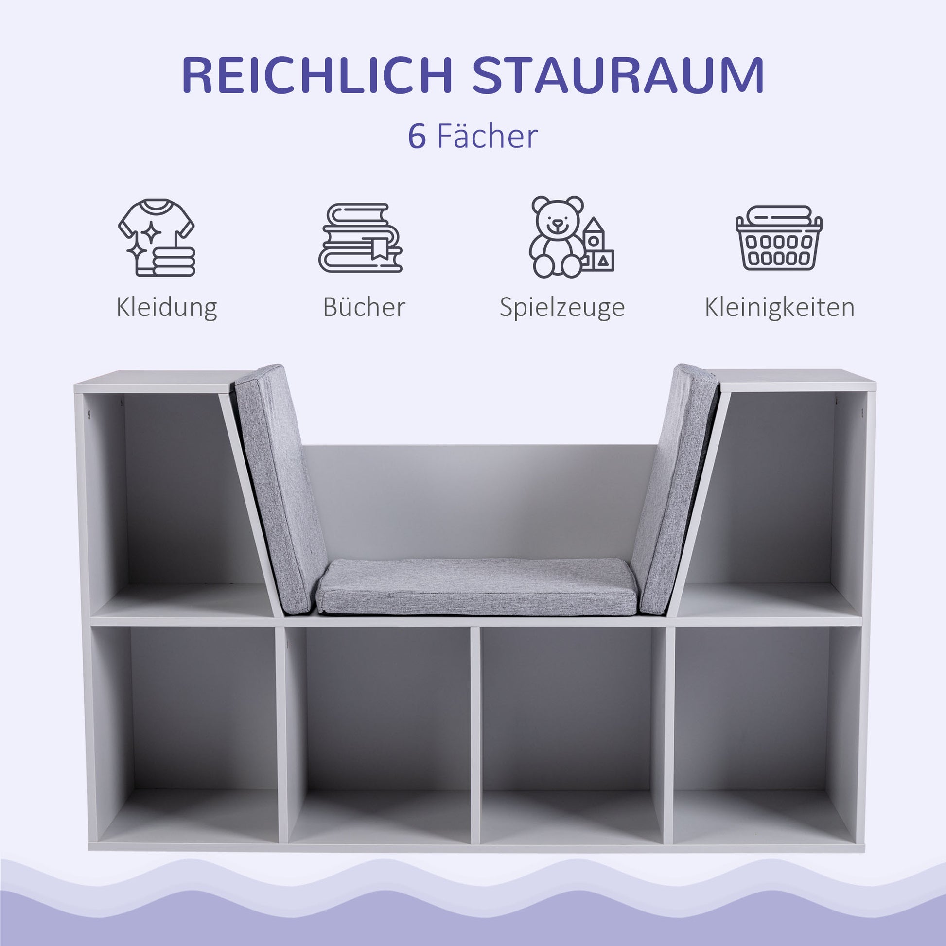 Children's Shelf Bookshelf with Ottoman Kids Bench with 6 Compartments Seat Chest with 3 Cushions Toy Box from 3 Years Gray 103 x 30 x 62 cm