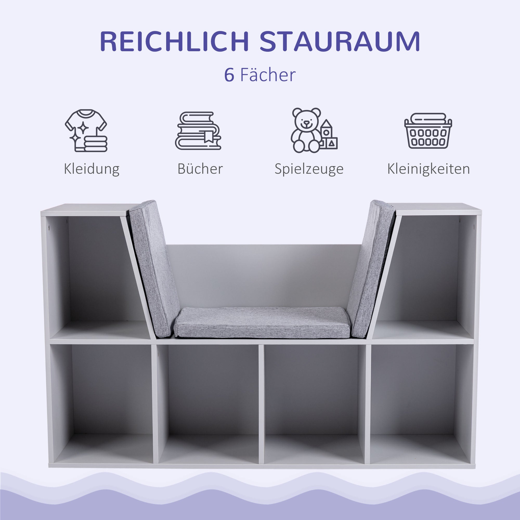Children's Shelf Bookshelf with Ottoman Kids Bench with 6 Compartments Seat Chest with 3 Cushions Toy Box from 3 Years Gray 103 x 30 x 62 cm