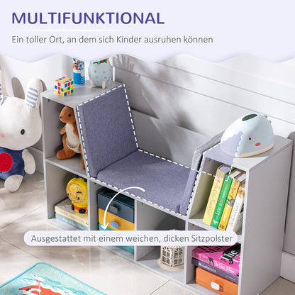 Children's Shelf Bookshelf with Ottoman Kids Bench with 6 Compartments Seat Chest with 3 Cushions Toy Box from 3 Years Gray 103 x 30 x 62 cm