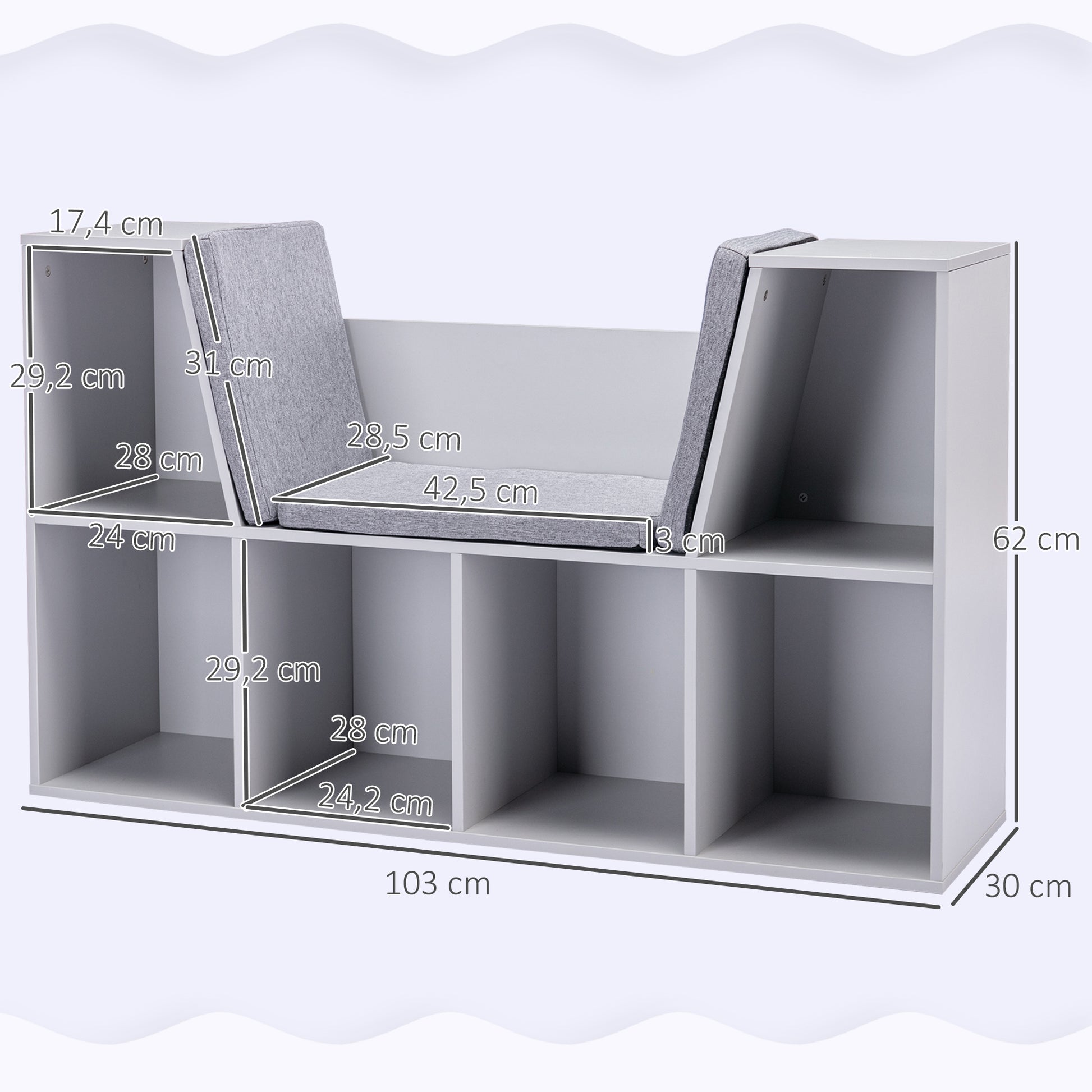 Children's Shelf Bookshelf with Ottoman Kids Bench with 6 Compartments Seat Chest with 3 Cushions Toy Box from 3 Years Gray 103 x 30 x 62 cm