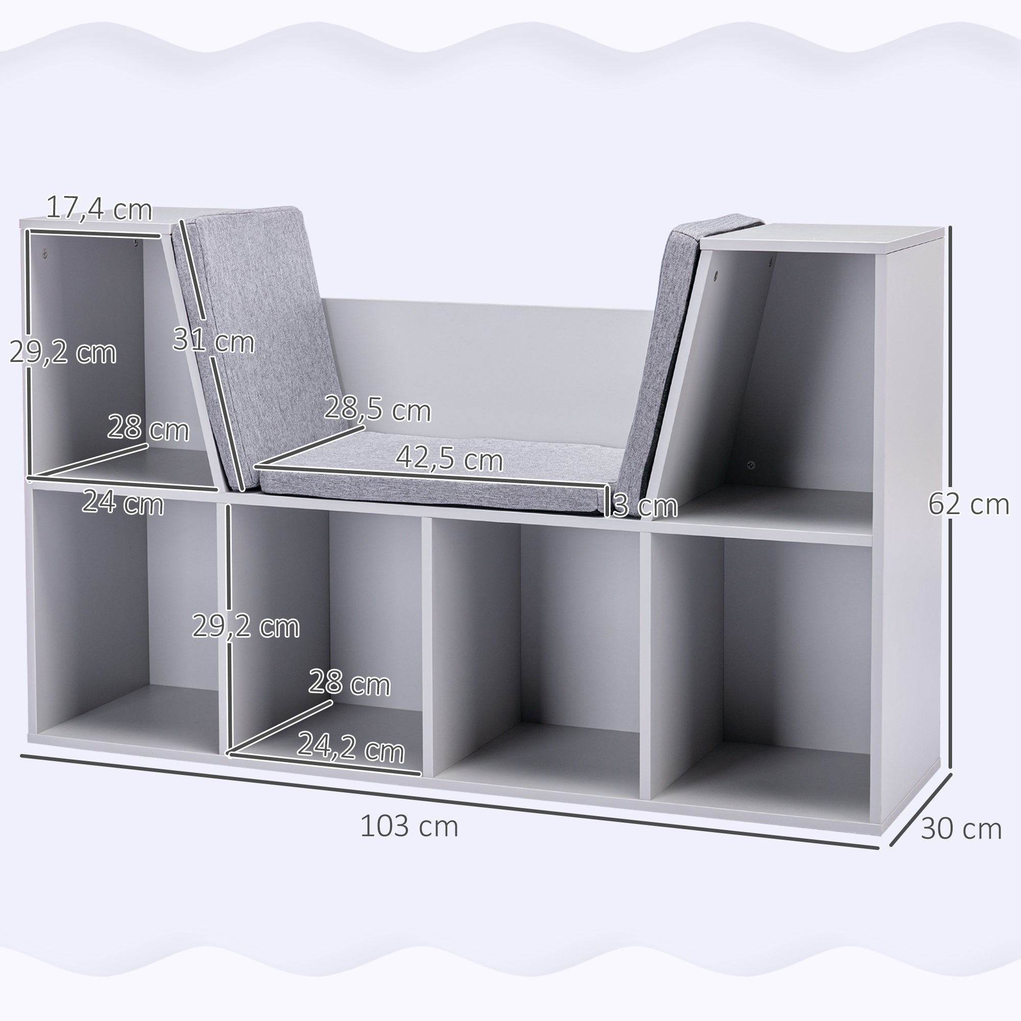 Children's Shelf Bookshelf with Ottoman Kids Bench with 6 Compartments Seat Chest with 3 Cushions Toy Box from 3 Years Gray 103 x 30 x 62 cm
