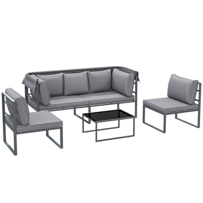 Garden Furniture Set Weatherproof Seating Group for 5 People Garden Lounge with 3-Seater Sofa 2 Armchairs Sun Canopy Cushions Side Table Outdoor Balcony Set Terrace Furniture for Garden Balcony Gray