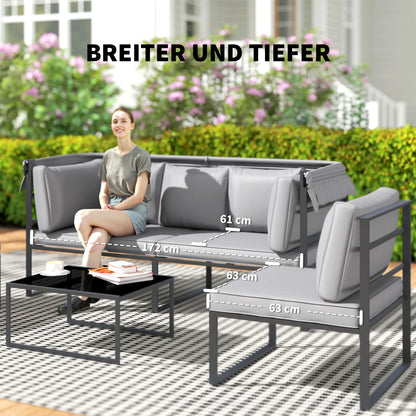 Garden Furniture Set Weatherproof Seating Group for 5 People Garden Lounge with 3-Seater Sofa 2 Armchairs Sun Canopy Cushions Side Table Outdoor Balcony Set Terrace Furniture for Garden Balcony Gray